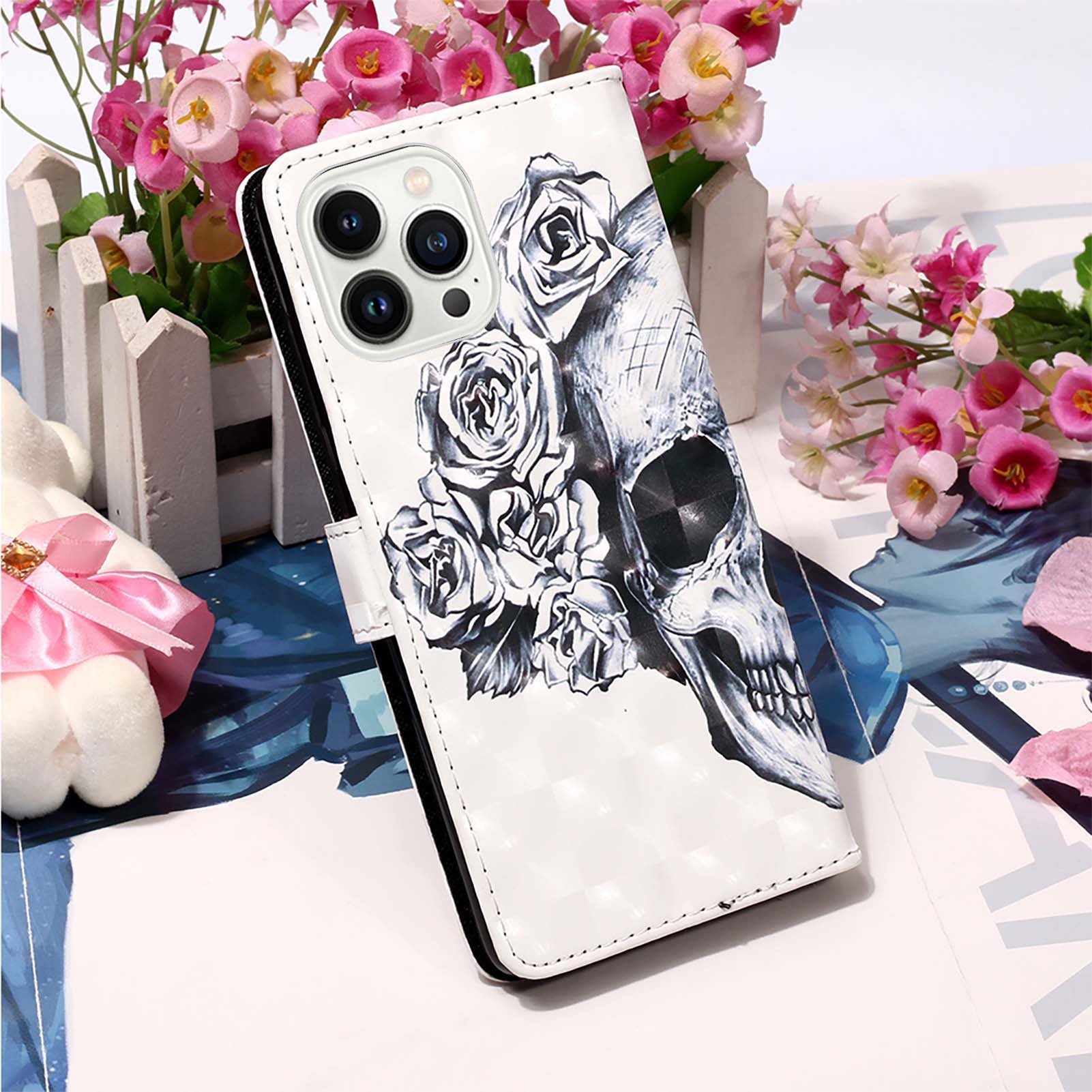 YB Pattern Printing Leather Series-2 for iPhone 15 Pro Max Wallet Phone Case 3D Pattern Printed Stand Cover - Skull YB Pattern Printing Leather Series-2 for iPhone 15 Pro Max Wallet Phone Case 3D Pattern Printed Stand Cover - Skull